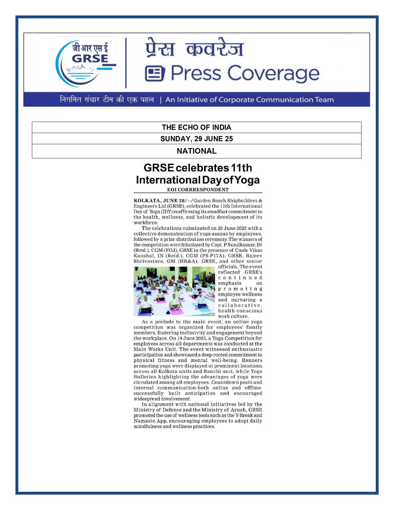 Press Coverage :  GRSE celebrates 11th International Day of Yoga